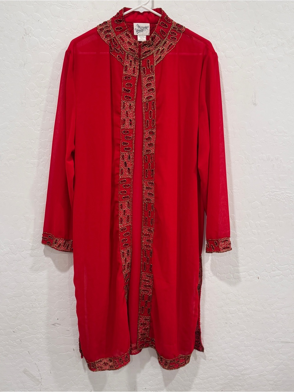 Midnight Velvet Red Beaded Trim Duster Cardigan Womens 1X Sheer Maximalist Boho